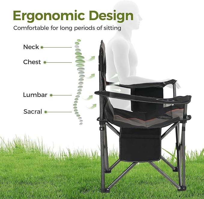 ALPHA CAMP Oversized Camping Chair Heavy Duty Lawn Chair with Cooler Bag (Black)
