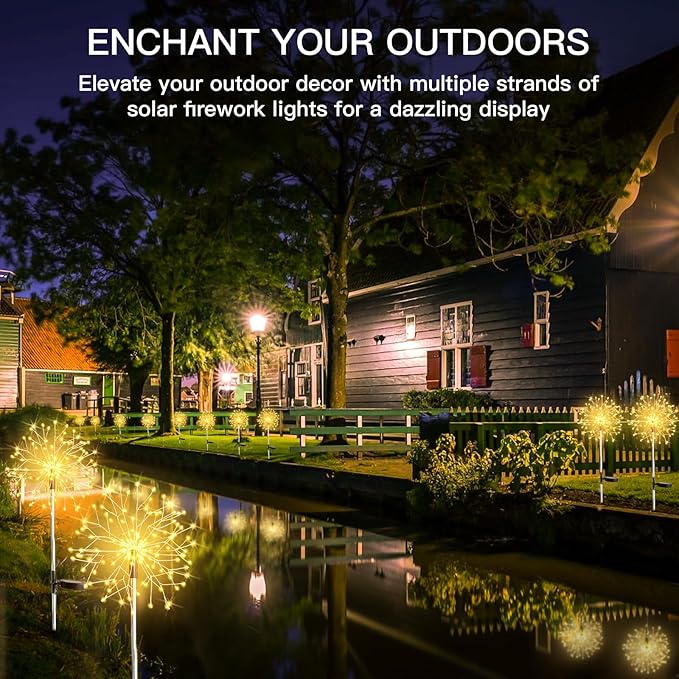 suddus Solar Garden Lights Outdoor Waterproof Decorative 2Pack 150LED Firework Lights Solar Fairy Lights for Yard Garden Party Patio Pathway Flowerbed - Warm White