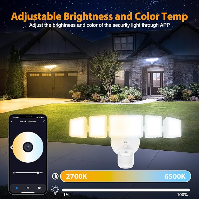 Onforu 5 Heads 120W 12000LM Smart LED Security Lights Motion Sensor Outdoor APP Control 340° Illumination WiFi Alexa Flood Ligh 2700K-6500K Exterior Motion Detector IP65 Wall Light for Yard White