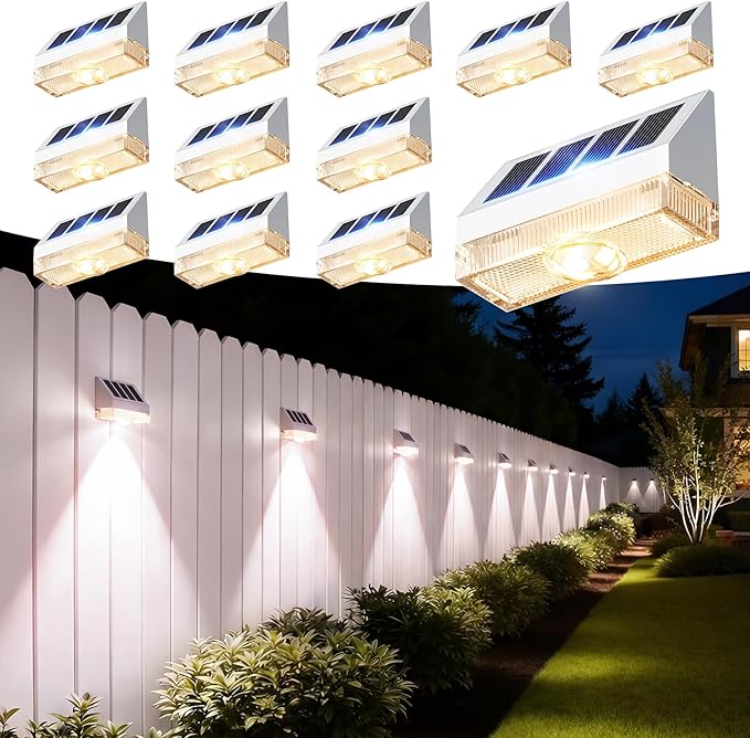 VOLISUN Solar Fence Lights 12 Pack Vinyl Fence Lights Solar Powered with Warm White LED Spot Lens Solar Deck Lights for Outside Wall Deck Patio Yard Rail Garage Pool