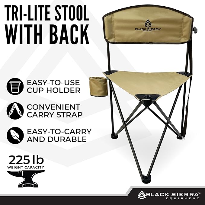Black Sierra Tri-Lite Stool with Back Lightweight Folding Chair for in the Hunting Blind Camping and Fishing Steel Frame Supports 225 LBS