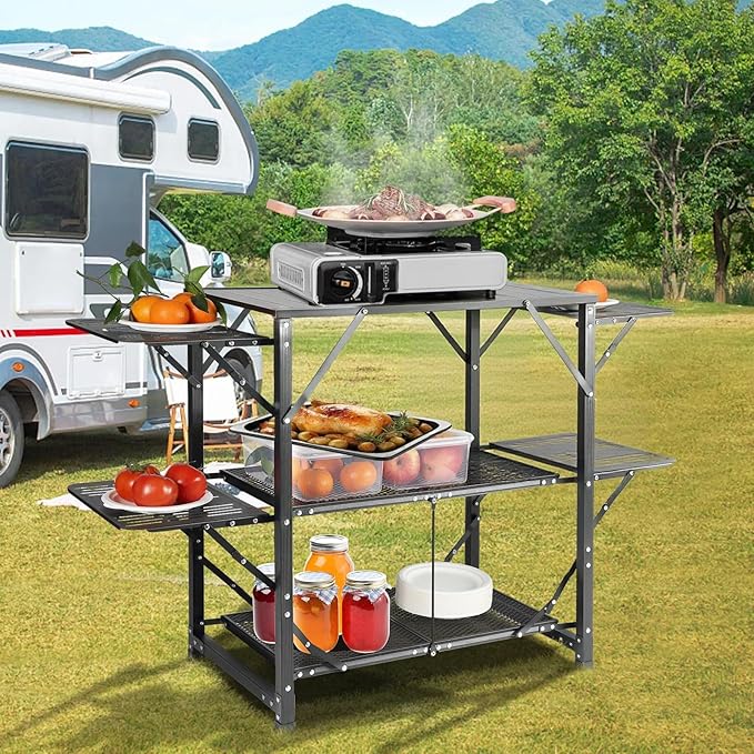 VEVOR Camping Kitchen Table Aluminum Folding Portable Outdoor Cook Station with 4 Iron Side 2 Shelves &amp Carrying Bag Quick Installation for Picnic BBQ Beach Traveling