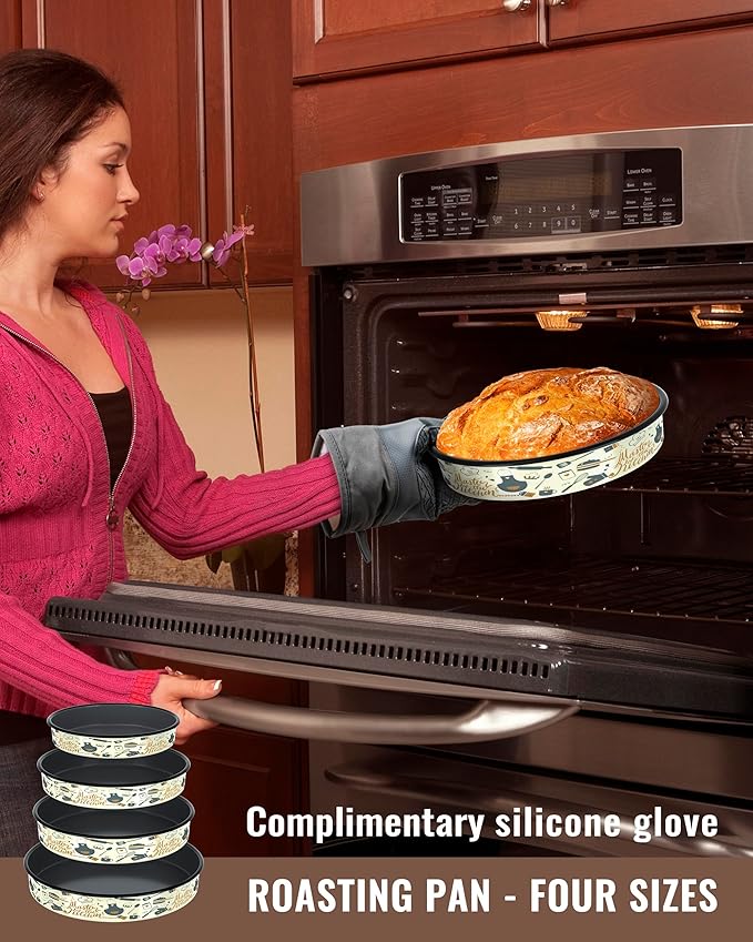 Round Baking Pan Enamel Roasting Dish 4-Pack 9/10/12/14 Inches Non Stick High Temperature Resistance Cookware for Cake Pie Pizza &amp Meat Oven Dishwasher Safe Easter Valentine's Gift Bakeware Set