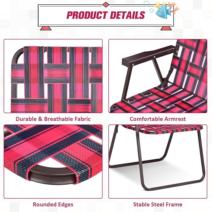 S AFSTAR Beach Chair Set of 6 Portable Folding Chairs with Stable Steel Frame &amp Comfort Armrest Load Bearing Up to 265 LBS Lightweight Lawn Chairs 6 PCS Camping Chairs for Outside Outdoor (Red