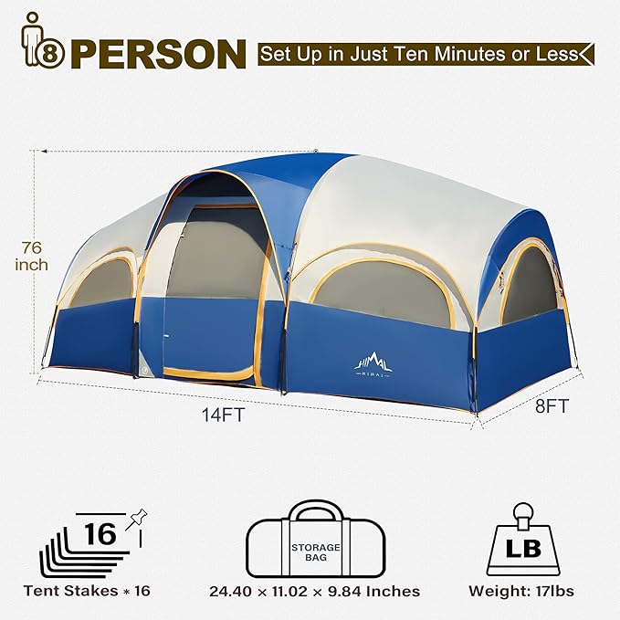 8 Person Tent for Camping Waterproof Windproof Family Tent with Rainfly Divided Curtain Design for Privacy Space Portable with Carry Bag