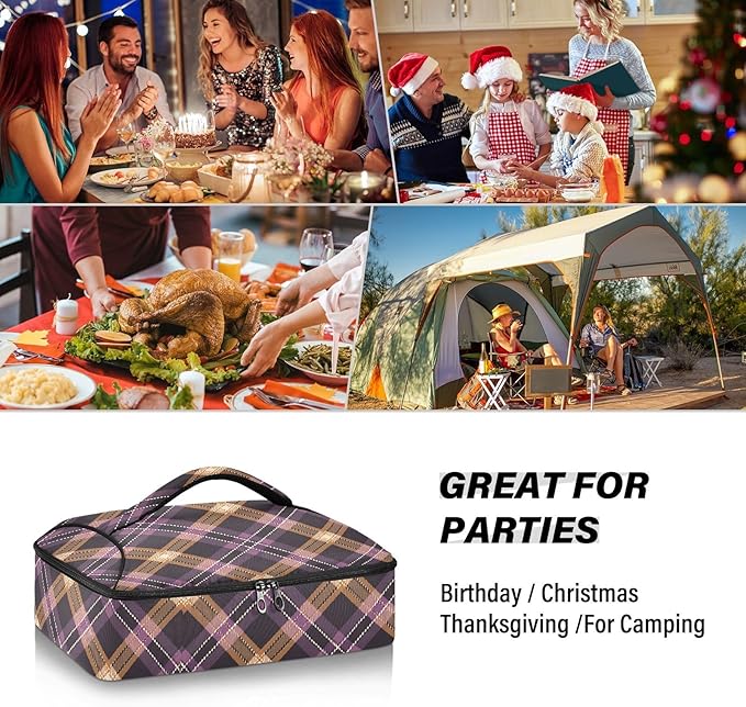 Casserole Carrier Purple Brown Tartan Plaid Pattern Insulated Casserole Carrier for Hot or Cold Food Thermal Lunch Tote for Parties Picnic Travel Carry Bag