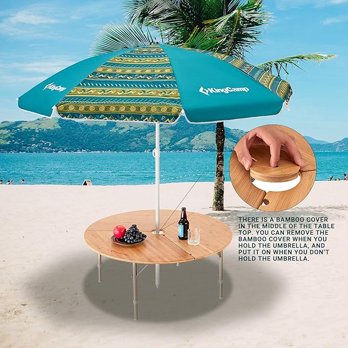 KingCamp Bamboo Round Folding Table Camping Table for Teepee Bell Tent 3 Fold Portable Camp Table with Heavy Duty Adjustable Height Aluminum Leg for Camping Picnic Indoor &amp Outdoor Card Game Dinni
