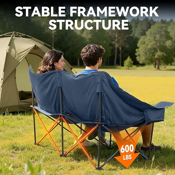 Double Camping Chair Oversized Padded Camping Chairs for Adults Folding Loveseat with Cup Holders and Side Pockets Heavy Duty Outdoor Lawn Chairs for CampingSports FishingBeachBlue