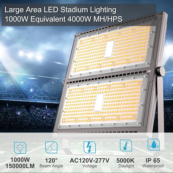 Upgrade 1000W LED Flood Light Outdoor 150000Lm Led Stadium Light with Adjustable Bracket IP65 AC100-277V Commercial Area Lighting with Plug for Backyard/Basketball Court
