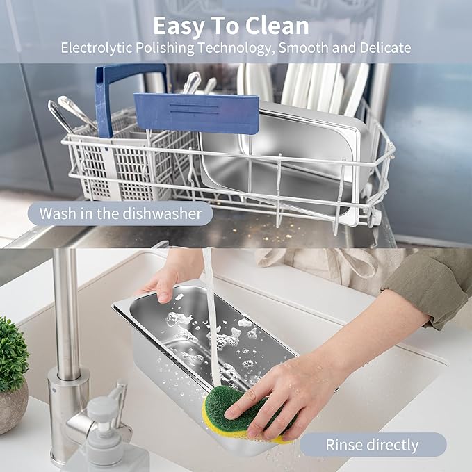 3 Pack 1/3 Size Steam Table Pan with Lid 4 Inch Deep Restaurant Hotel Pan Stainless Steel Steam Containers for Household or Kitchen Use