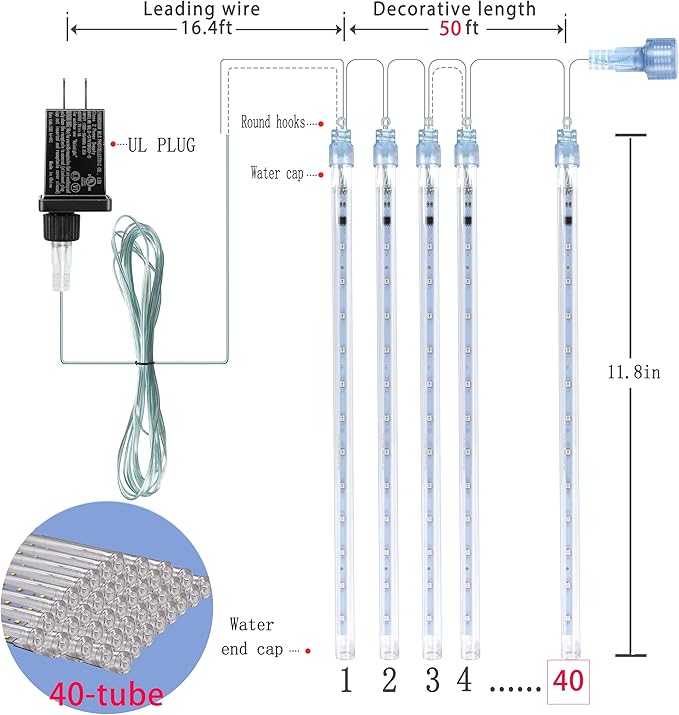 Blue Christmas Icicle Lights Outdoor: 40 Tube(Equivalent to 5 Sets of 8-Tubes) Meteor Shower Rain Lights - Waterproof Christmas Halloween Decorations for Yard Outside Tree Roof UL Plug