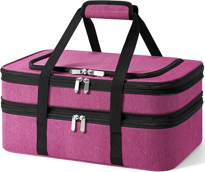 Insulated Double Casserole Carrier - Portable Casserole Carriers for Hot or Cold Food Lunch Tote Warmer or Cooler Bag for Potluck Parties Picnic Cookouts Fits 9 x 13 Baking Dish - Pink