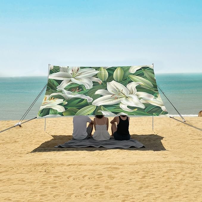 White Lilies Beach Tent Sun Shelter 9.2' x 10.5' Beach Canopy with 4 Sandbags 4 Stability Poles Sand Shovels - Tent Canopy for Beach Camping Fishing Picnics