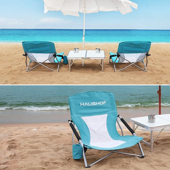 HAUSHOF Low Beach Chair Mesh Back Folding Chair Lightweight Low Seat Camping Chairs with Cup Holder Carry Bag Padded Armrest for Outdoor Beach Lawn Camping Picnic Festival