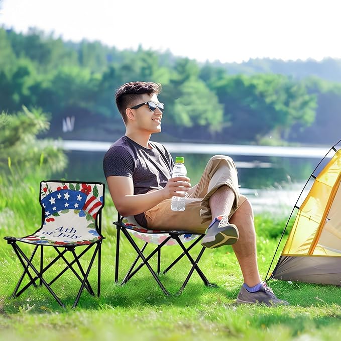 KLL 4th of July Independence Day Red and Blue Garland Compact Foldable Chairs Ultra Lightweight Packable Chair with Carrying Bag Ice Fishing Chair with Back for Outdoor Travel