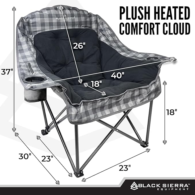 Black Sierra Heated Fleece Camping Chair for Adults Oversized Outdoor Seat with Plush Padding Supports 400lbs Cup Holders and Carry Bag Heavy Duty Folding Chair for Tailgating or Patio (Black)