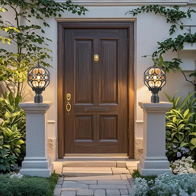 2 Pack Outdoor Globe Lamp Post Light Fixtures 15.8 Black Sphere Post Top Lantern for Patio Porch Driveway Hardwired Anti-Rust Aluminum Pillar Light with Amber Glass Fits Standard 3 Post