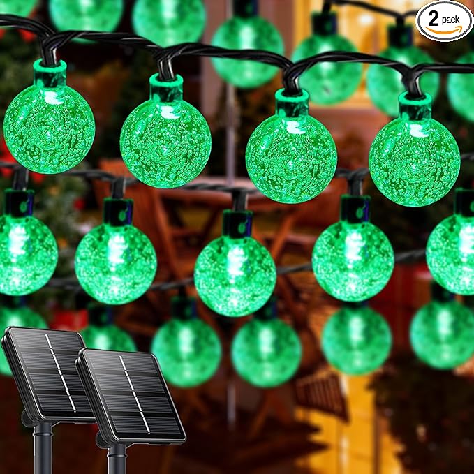 2-Pack 100 LED Green Solar String Lights Outdoor - 64FT Crystal Globe Waterproof Solar Powered Lights for Outside with 8 Lighting Modes for Patio Decorations Garden Party Porch Wedding Yard