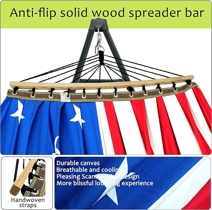 Tranquillo Sturdy Steel Hammock with Stand Premium Cotton Canvas Hammock 600 lbs Capacity Hammock Stand Folding Portable 30-Second Fold Unfold for Camping American Flag