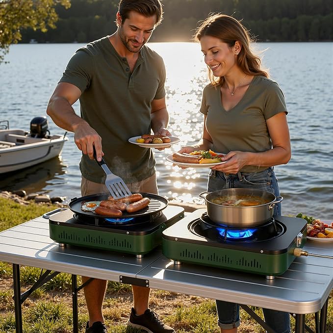 BIG HORN OUTDOORS 2 Burner Propane Camping Stove Portable Camp Stove Folding Gas Stove Includes Frying Pan &amp Carry Bag for Camping Emergency Use and Outdoor Cooking