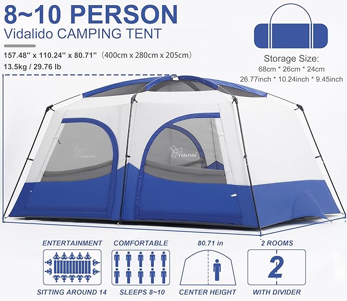 Vidalido Tents8-10 Person Camping Tent with Extended Vestibule2 Room Weather Resistant Family TentsEasy Install Waterproof Outdoor Tent for Camping Hiking