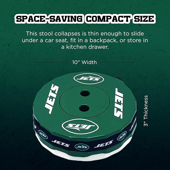 Sporticulture NFL New York Jets Telescoping Collapsible Stool 500lbs Max Weight Portable Adjustable Height Folding Camping Stool with Carry Strap Retractable Stadium Have A Seat Outdoor Sports Fan