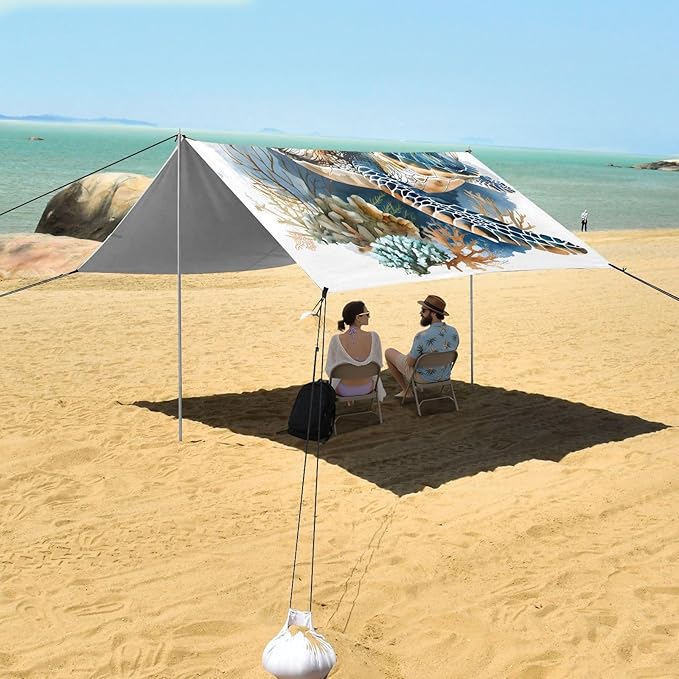 ALAZA Watercolor Turtle Beach Tent Sun Shelter UPF50+ Protection Beach Shade Canopy w/ 4 Sandbags for Outdoor Camping Fishing Backyard Fun Picnic 10x9 ft