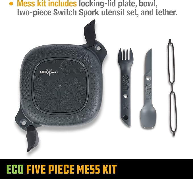 UCO Recycled ECO 5-Piece Camping Mess Kit with Bowl Plate Switch Spork Utensil Set