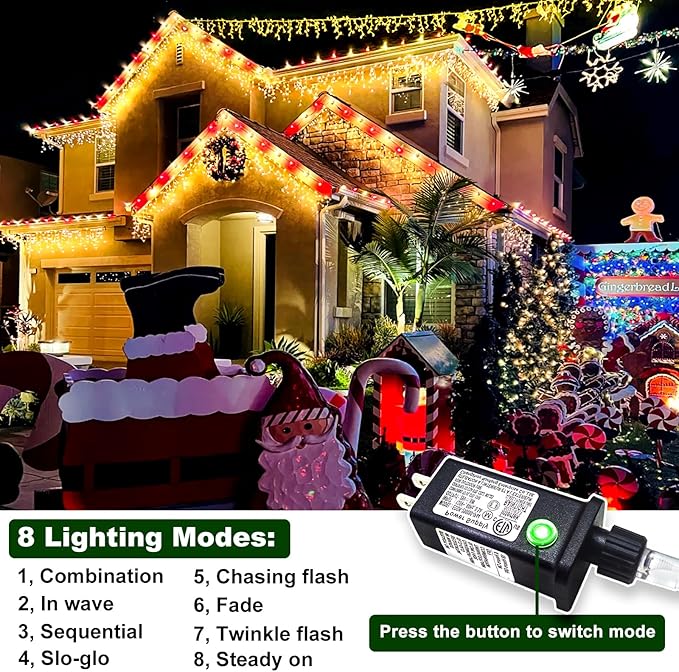 Icicle Christmas Lights Outdoor 132ft 1280 LED Icicle Lights for Outside Plug in Twinkle Lights Indoor with 8 Modes Timer Waterproof for House Holiday Decor Wedding Christmas Decorations Warm White