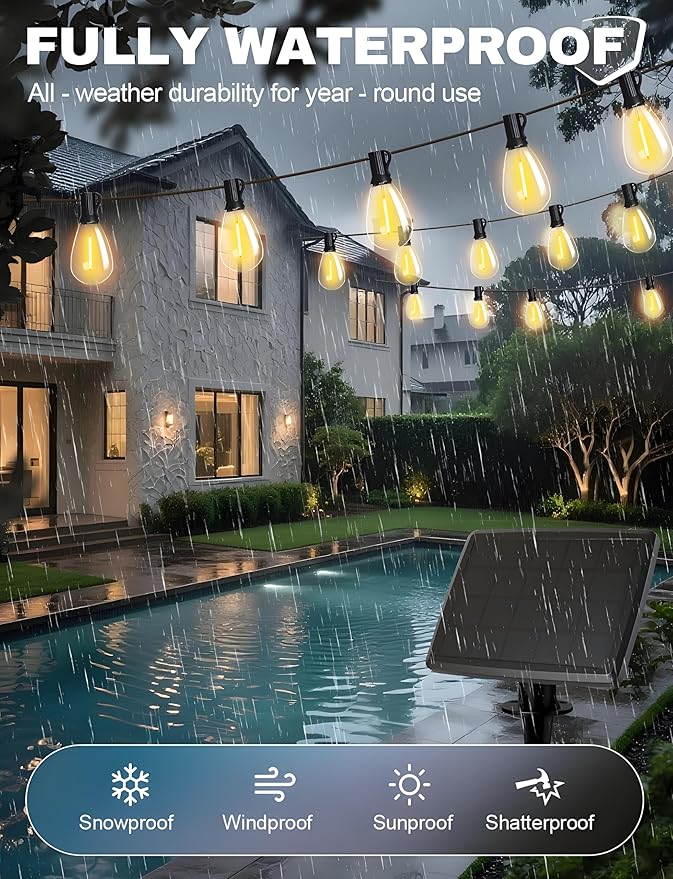 Tenmiro 60FT Solar String Lights Outdoor with Remote and 16+2 LED Shatterproof Bulbs Dimmable &amp Timing 3 Light Modes Solar Patio String Lights for Cafe Garden Deck Outside Wedding Last for 10+H