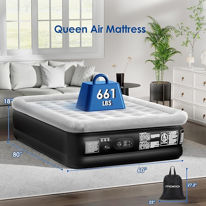 MoKo Air Mattress Queen with Built in Pump 18'' Luxury Inflatable Mattress 3 Min Fast Blow up Mattress Comfort Top - Velvety Air Bed for Home Camping Travel Guests Black/Gray