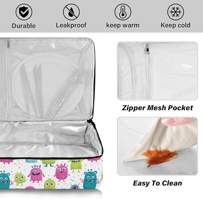 Casserole Carrier Colorful Pattern Cute MonstersInsulated Casserole Carrier for Hot or Cold Food Thermal Lunch Tote for Potluck Parties Picnic Beach Fits 9 x 13 Inches Baking Dish