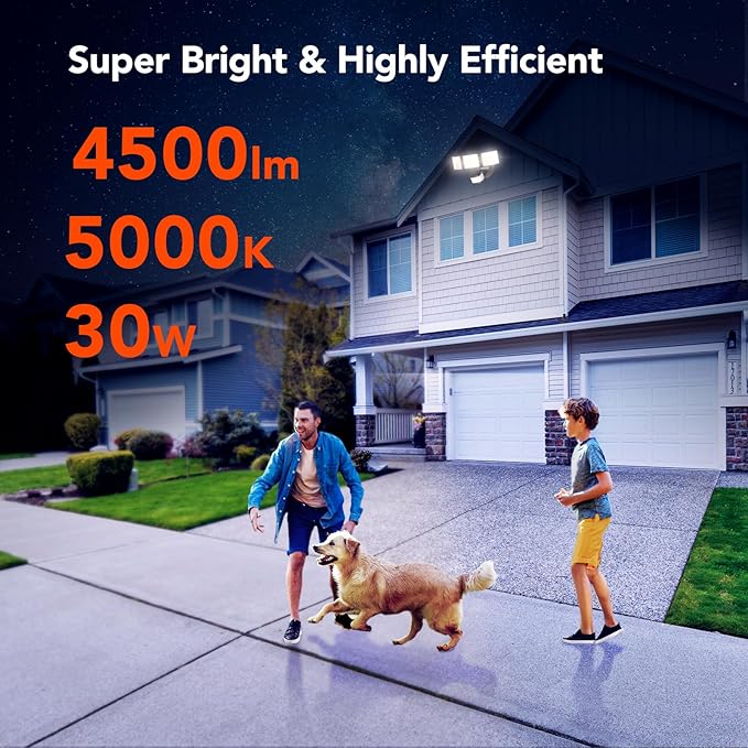 OREiN 2 Pack Motion Sensor Outdoor Flood Light 30W 4500LM LED Security Light with 180° 40FT Detection Dusk to Dawn/Auto/Test Modes IP65 Waterproof Hardwired Floodlight for Yard Garage Driveway