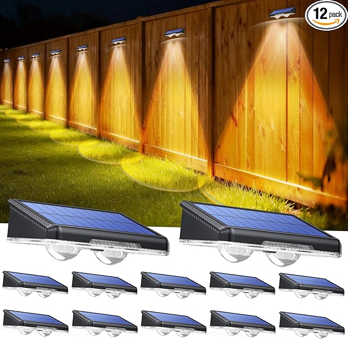 TECKNET Solar Fence Lights Outdoor 12 Pack 3 Modes - Warm/Natural/Cool White IP66 Waterproof Solar Lights for Fence with 2 High Brightness LED Outside lighting Decor for Patio Wall Railing Backyard