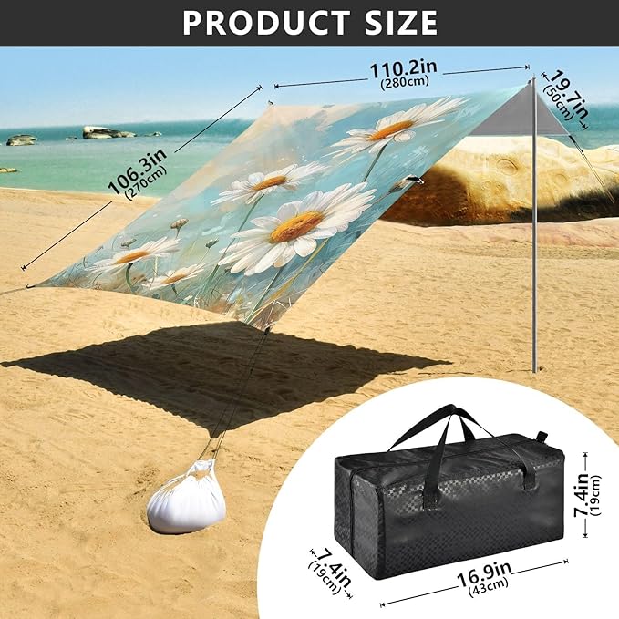 Daisy Painting Beach Tent Sun Shelter 9.2' x 10.5' Beach Canopy with 4 Sandbags 4 Stability Poles Sand Shovels - Tent Canopy for Beach Camping Fishing Picnics
