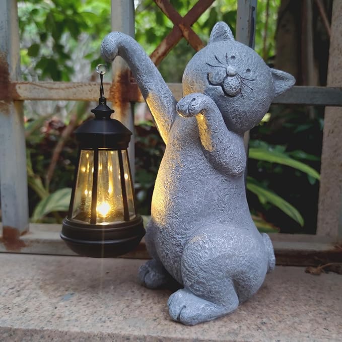 Cat Solar Garden StatuesResin Cat Figurine Decorations with Solar Lights Lantern Outdoor Figurines Lawn Cats Statue Decor Art for LawnYard Balcony OrnamentGift for Garden Home Mom.