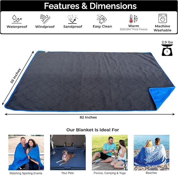 BRAWNTIDE Large Outdoor Waterproof Blanket - Extra Thick Fleece Warm Windproof Sandproof Quilted 82 x 55 Ideal for Beaches Picnics Camping Stadiums Dogs Car