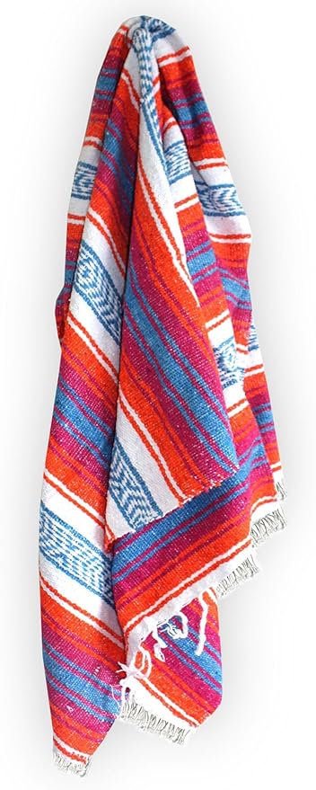 Del Mex Classic Mexican Blanket Large Authentic Woven Falsa Throw (70x50) Artisan Southwest Décor for Beach Yoga Outdoors (Orange/Pink/Blue)