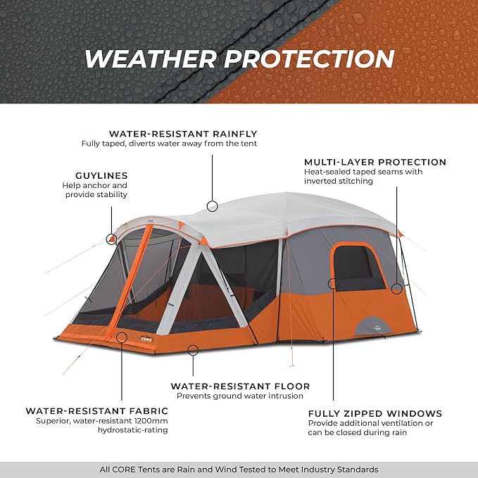 CORE Tent for Family Camping | 10 Person / 11 Person / 12 Person Large Multi Room Cabin Tents for Car Camping &amp Outdoor Adventures