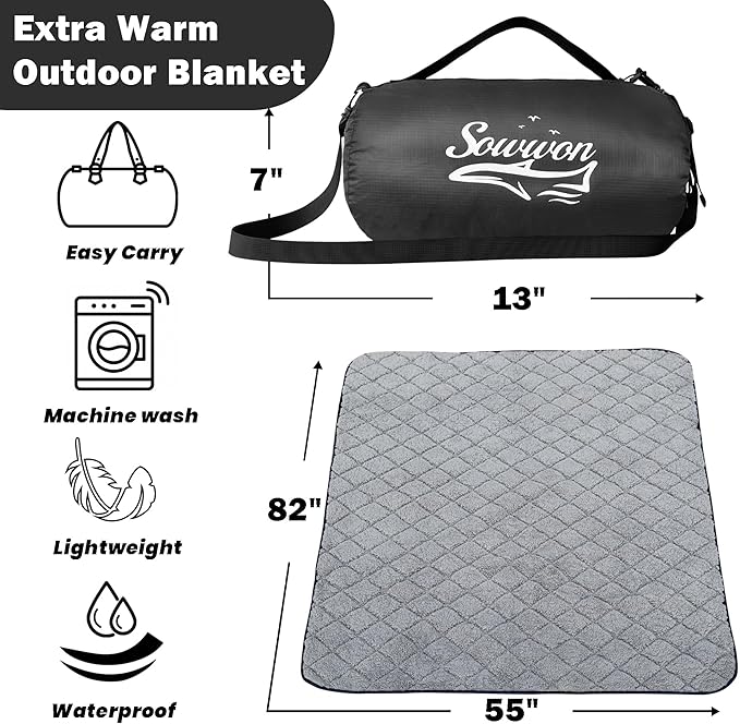 Waterproof Outdoor Blanket 82”X 55” Packable Stadium Blankets for Camping with Sherpa Fleece Lining Large Windproof Emergency Throw for Garss Picnic Hiking Road Trip Machine Washable Black 300GSM