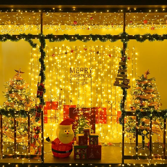 YEGUO Christmas Lights Battery Operated 2 Pack Each 33ft 100 LED Warm White String Lights Outdoor Waterproof 8 Modes Green Wire Fairy Light Indoor with Remote