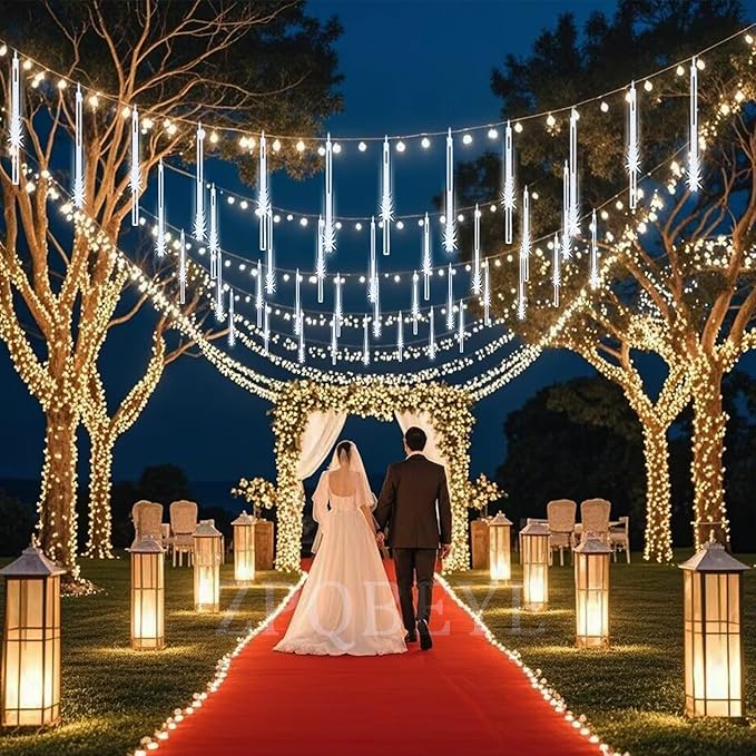 Meteor Shower Lights Outdoor Christmas Lights 24-Tube 576LEDs Snow Falling Rain Cascading Icicle String Light for Xmas Tree Christmas Decorations Wedding Party Holiday Yard Garden Decor UL Plug White
