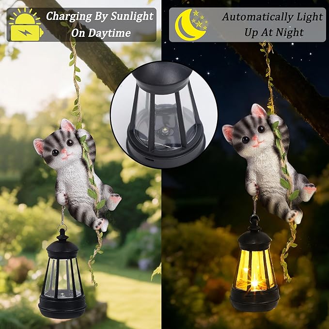 Set of 2 Solar Hanging Statue Outdoor Resin Black White Cat &amp Golden Retriever Dog Figurine with LED Lights Animal Ornament for Garden Fence Porch Patio Yard Decor