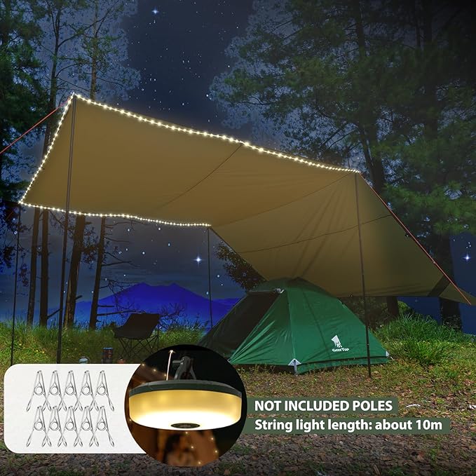 GEERTOP Portable Large 17 x 10 ft Waterproof Backpacking Tarp with10M LED String Lights Outdoor Emergency Tarp Kit for Camping