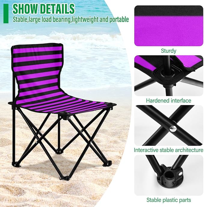 KLL Purple Black Strips Compact Folding Chairs Ultra Lightweight Camp Chair with Carrying Bag Ice Fishing Chair with Back for Hiking Camping