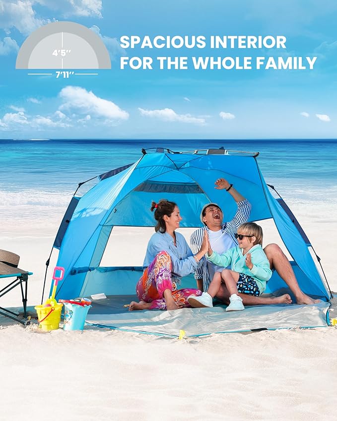 OutdoorMaster Beach Tent Sun Shelter for 3-4 Person Pop Up Beach Tent Easy Setup with Sandbags Portable Sun Shade Canopy with Carrying Bag for Beach &amp Outdoor UPF50+ UV Protection Family Size
