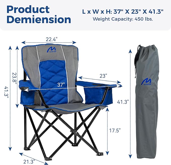 Oversized Padded Camping Chair Heavy-Duty Steel Frame for 450 lbs Supports Convenient 6-Can Cooler Portable Carry Bag Perfect for Outdoor Beach and Hiking (Gray &amp Sapphire Blue)