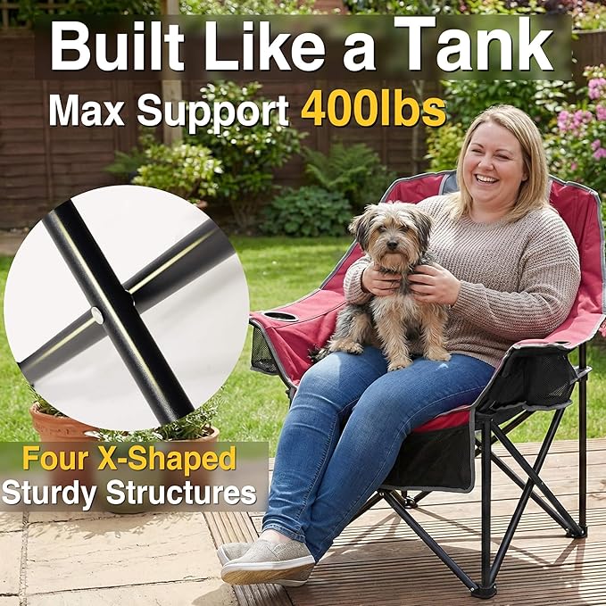 Oversized Camping Chair for Adults - Heavy Duty 400 lbs Padded Folding Chair with Wine Glass Holder 2 Cup Holders &amp Side Pockets Portable Carry Bag for RV Tailgating Lawn