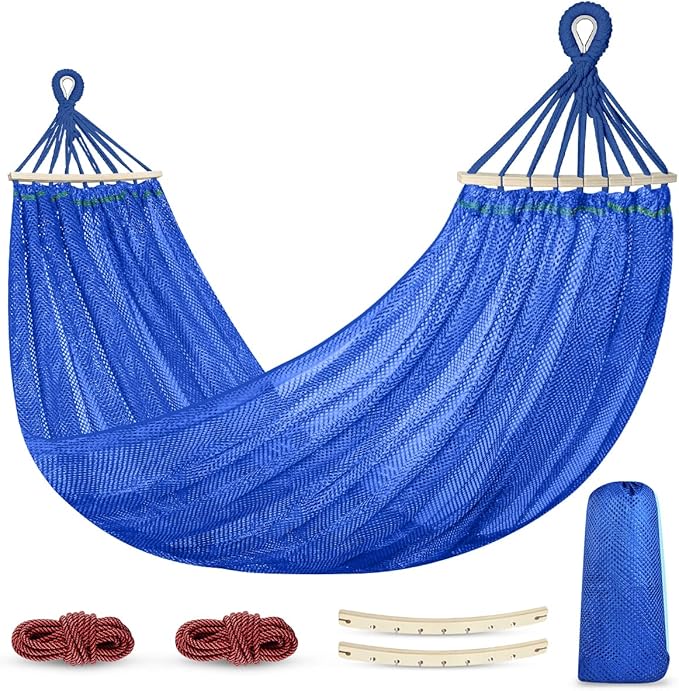 Outdoor Hammock Super Soft and Breathable Mesh Hammock Made of Cool Nylon with Wooden Bars for Indoor Balcony Terrace Garden Camping Backpacking