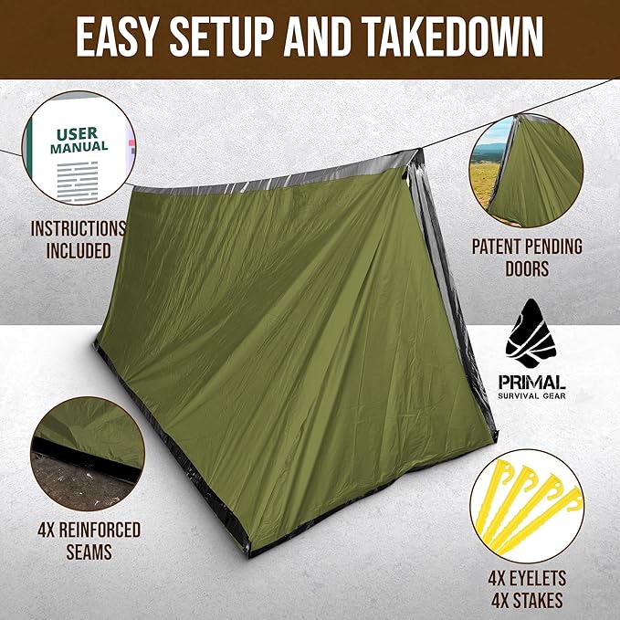 Orange Polyester Survival Tent with Doors - Compact Durable All-Season Shelter for Camping Hiking and Emergency Preparedness